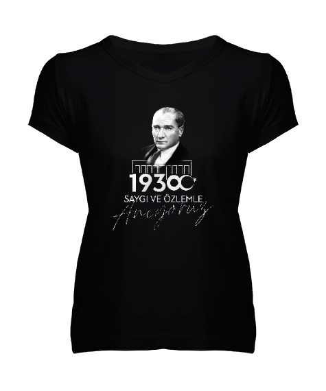 Tisho - 10 Kasım - Atatürk Siyah Kadın V Yaka Tişört