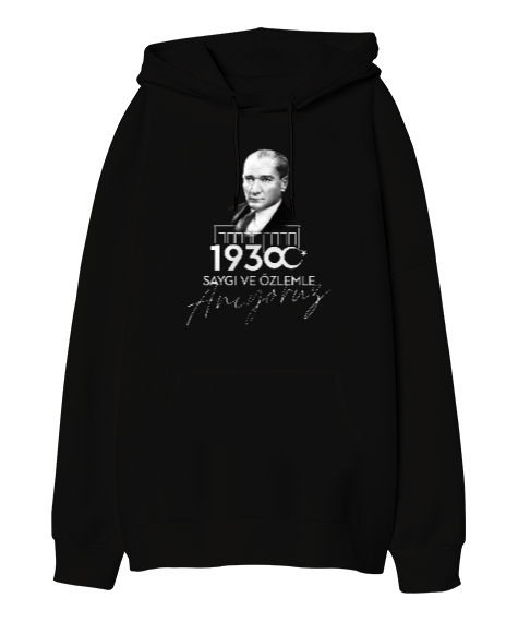 Tisho - 10 Kasım - Atatürk Siyah Oversize Unisex Kapüşonlu Sweatshirt