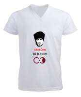 10 Kasım Beyaz Erkek Kısa Kol V Yaka Tişört - Tisho