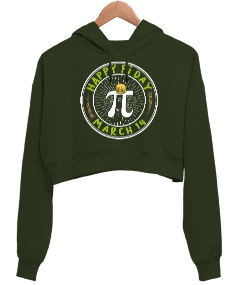 Tisho - 14 Mart Pi Günü Haki Yeşili Kadın Crop Hoodie Kapüşonlu Sweatshirt