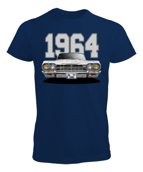Tisho - 1964 Chevrolet Impala Beyaz Çift Taraf Lacivert Erkek Tişört