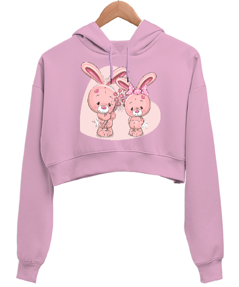 Tisho - 2 sevimli tavşan Pembe Kadın Crop Hoodie Kapüşonlu Sweatshirt