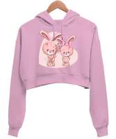 2 sevimli tavşan Pembe Kadın Crop Hoodie Kapüşonlu Sweatshirt - Tisho