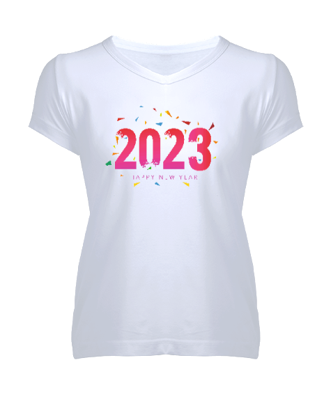 Tisho - 2023 Beyaz Kadın V Yaka Tişört