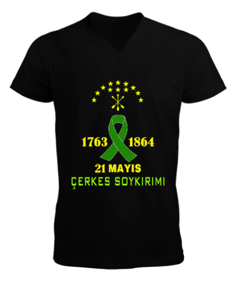 Tisho - 21 mayıs 1864,Çerkes Bayrağı, adiga bayrağı,Çerkes logosu. Erkek Kısa Kol V Yaka Tişört