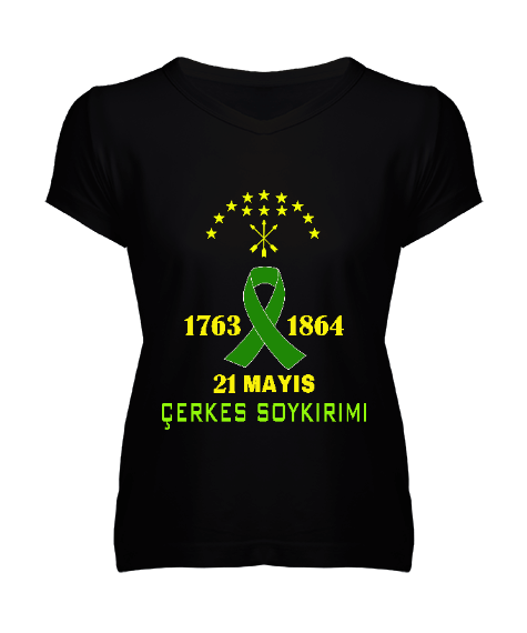 21 mayıs 1864,Çerkes Bayrağı, adiga bayrağı,Çerkes logosu. Kadın V Yaka Tişört - Tisho