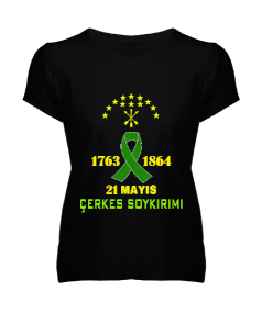 21 mayıs 1864,Çerkes Bayrağı, adiga bayrağı,Çerkes logosu. Kadın V Yaka Tişört - Tisho