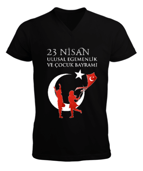 Tisho - 23 Nisan Ulusal Egemenlik ve Çocuk Bayramı. Erkek Kısa Kol V Yaka Tişört