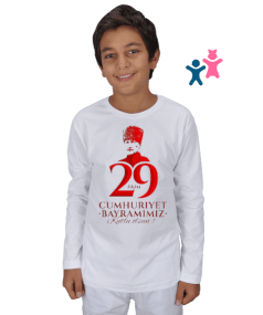 29 Ekim Cumhuriyet Bayramı ve Atatürk Baskılı Çocuk Unisex Uzunkollu - Tisho