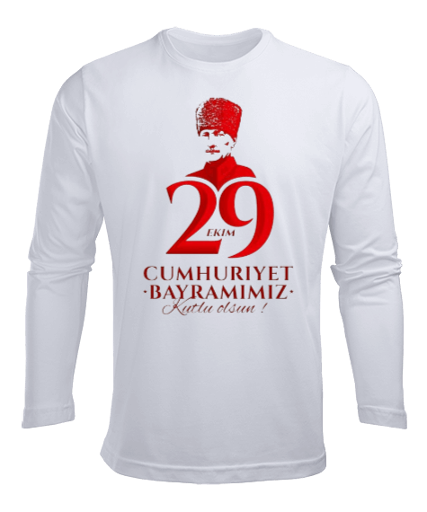 Tisho - 29 Ekim Cumhuriyet Bayramı ve Atatürk Baskılı Erkek Uzun Kol Yazlık Tişört