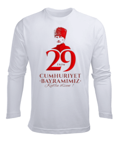 29 Ekim Cumhuriyet Bayramı ve Atatürk Baskılı Erkek Uzun Kol Yazlık Tişört - Tisho