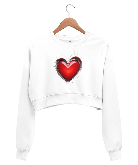 Tisho - 3D Kalp Beyaz Kadın Crop Sweatshirt