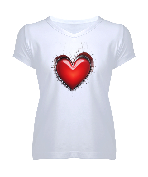 Tisho - 3D Kalp Beyaz Kadın V Yaka Tişört