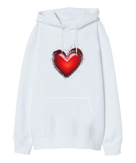 Tisho - 3D Kalp Beyaz Oversize Unisex Kapüşonlu Sweatshirt