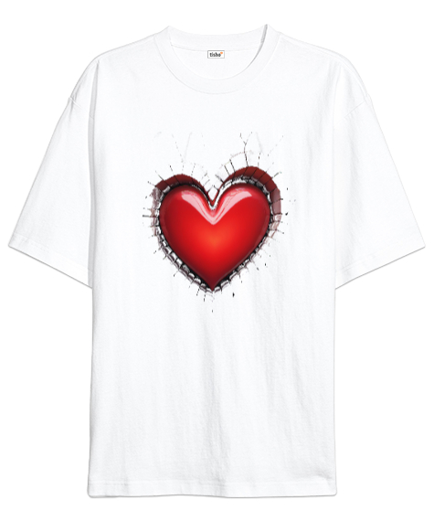 Tisho - 3D Kalp Beyaz Oversize Unisex Tişört