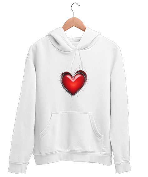Tisho - 3D Kalp Beyaz Unisex Kapşonlu Sweatshirt