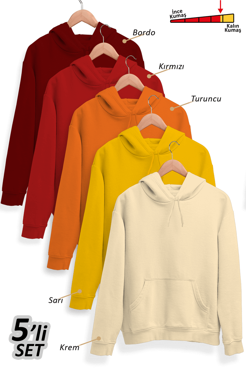 5'li Kışlık Unisex Kapşonlu Sweatshirt Seti (Bordo, Kırmızı, Turuncu, Sarı, Krem) - Tisho