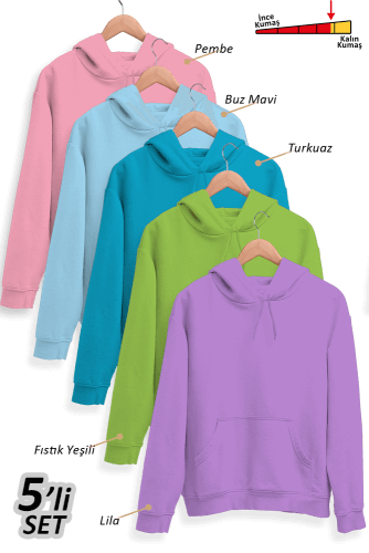 5'li Kışlık Unisex Kapşonlu Sweatshirt Seti (Pembe, Mavi, Turkuaz, Fıstık Yeşili, Lila) Çok Renkli