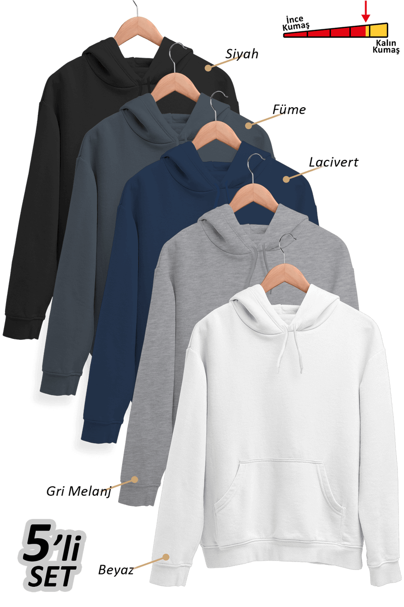 Tisho - 5'li Kışlık Unisex Kapşonlu Sweatshirt Seti (Siyah, Füme, Lacivert, Gri, Beyaz)