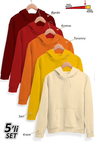 Tisho - 5'li Kışlık Unisex Kapşonlu Sweatshirt Seti (Bordo, Kırmızı, Turuncu, Sarı, Krem)