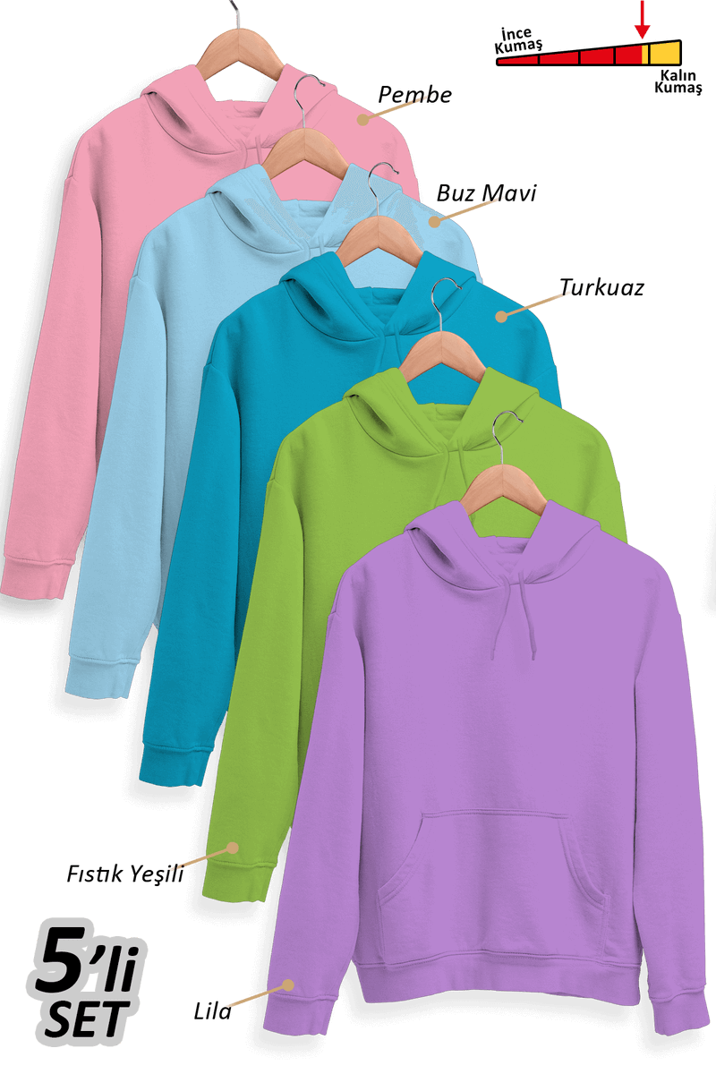 5'li Kışlık Unisex Kapşonlu Sweatshirt Seti (Pembe, Mavi, Turkuaz, Fıstık Yeşili, Lila)