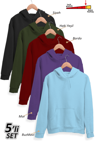 5'li Kışlık Unisex Kapşonlu Sweatshirt Seti (Siyah, Haki Yeşil, Bordo, Mor, Buz Mavi) - Thumbnail