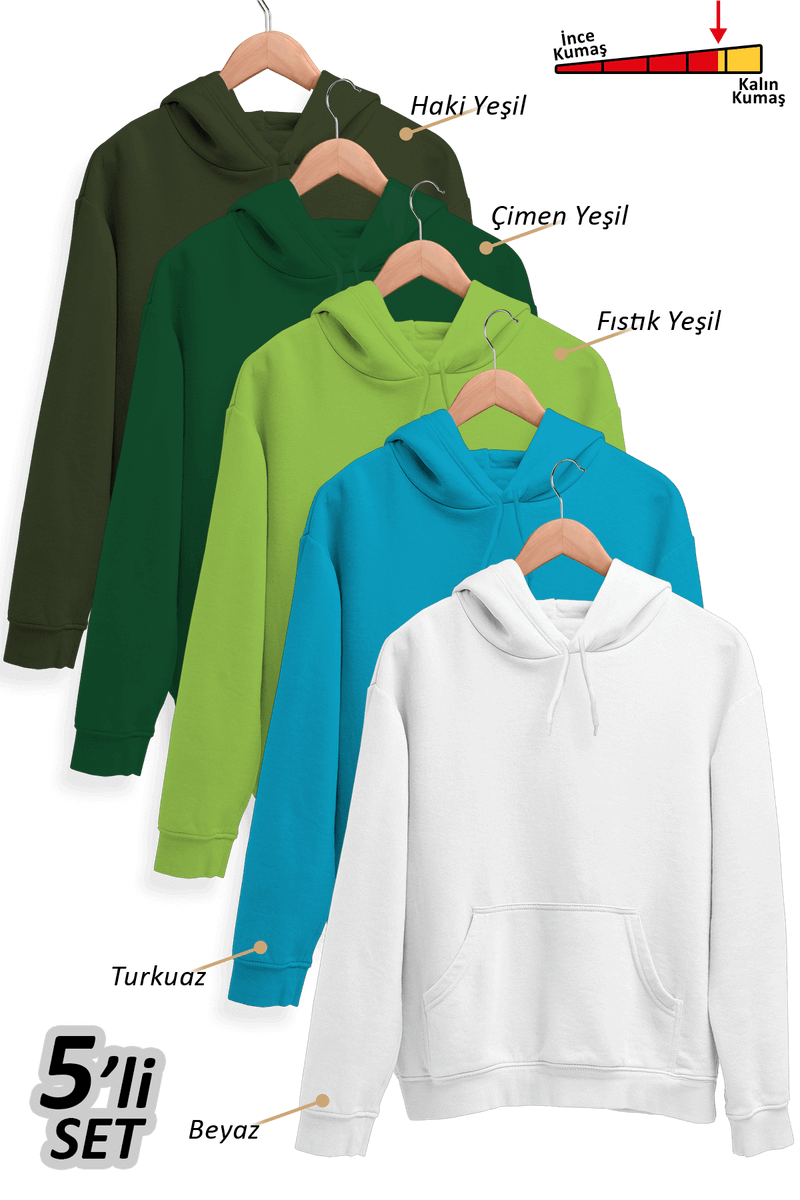 5'li Kışlık Unisex Kapşonlu Sweatshirt Seti (Haki Yeşili, Çimen Yeşili, Fıstık Yeşili, Turkuaz, Beyaz)