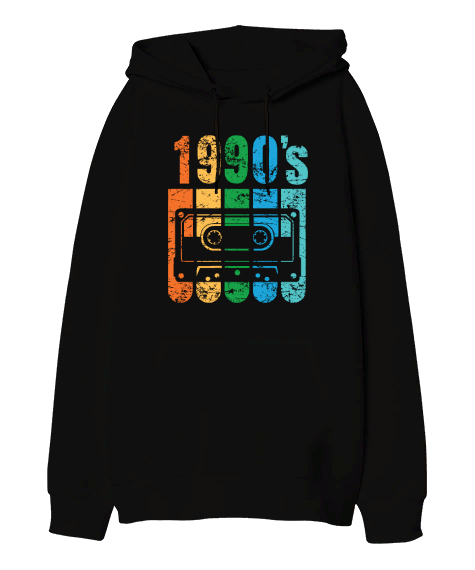 Tisho - 90s Mixtape Siyah Oversize Unisex Kapüşonlu Sweatshirt