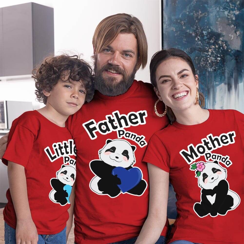 Sevimli Panda Anne Baba ve Erkek Çocuk Tişört Kombini