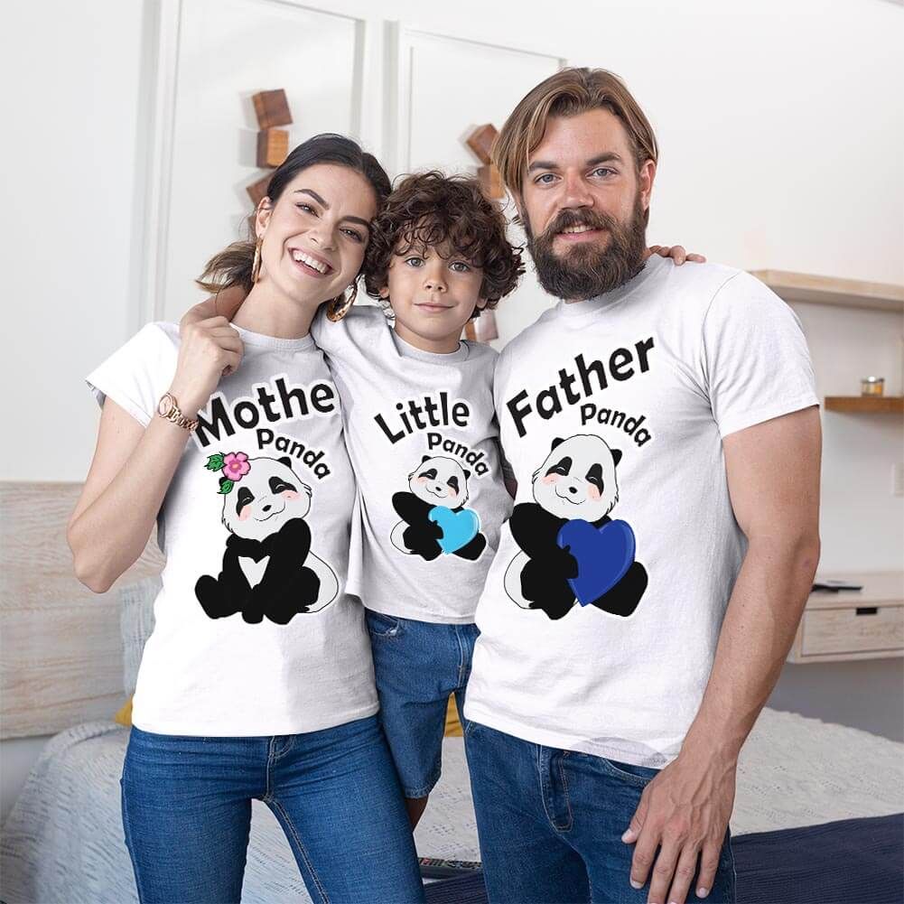 Sevimli Panda Anne Baba ve Erkek Çocuk Tişört Kombini