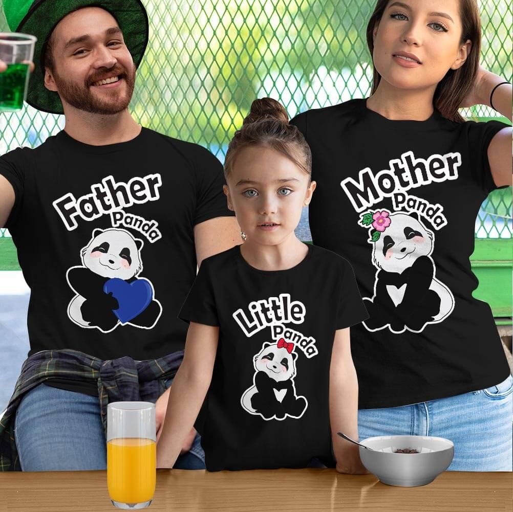 Sevimli Panda Anne Baba ve Kız Çocuk Tişört Kombini