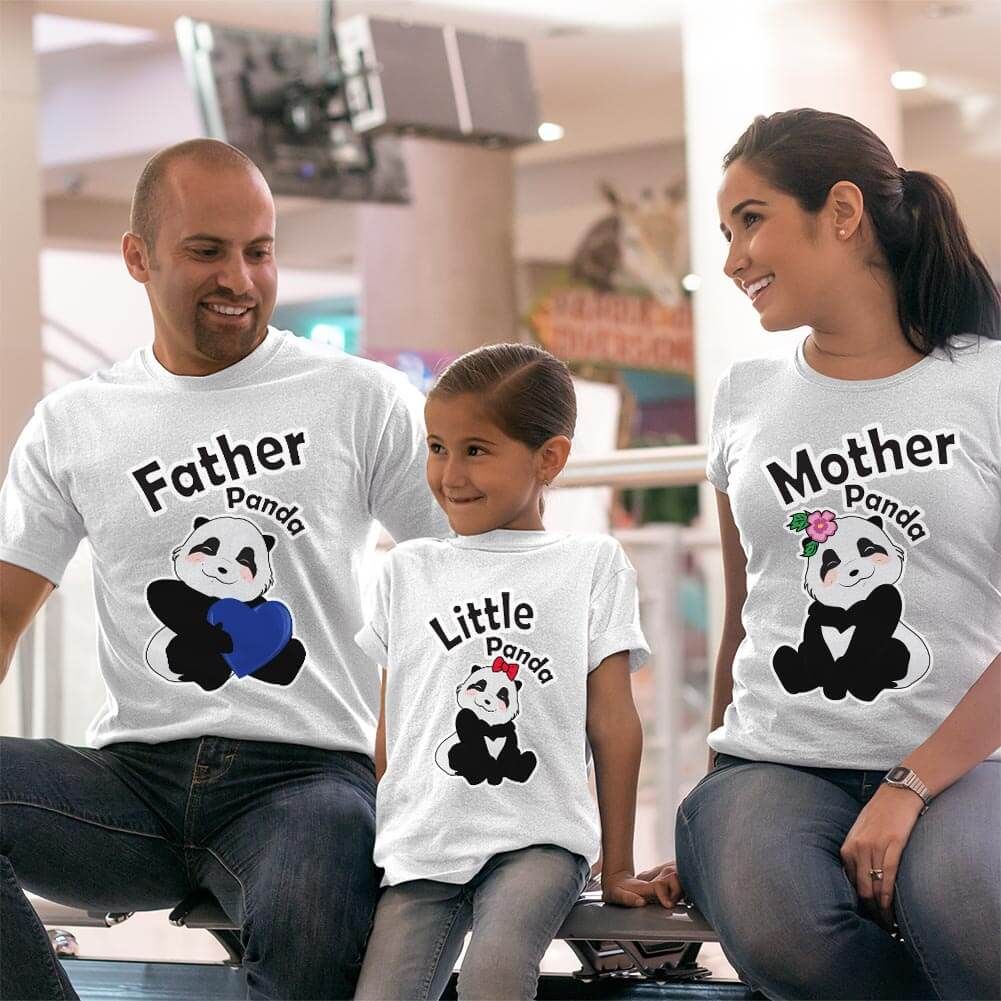 Sevimli Panda Anne Baba ve Kız Çocuk Tişört Kombini (1)