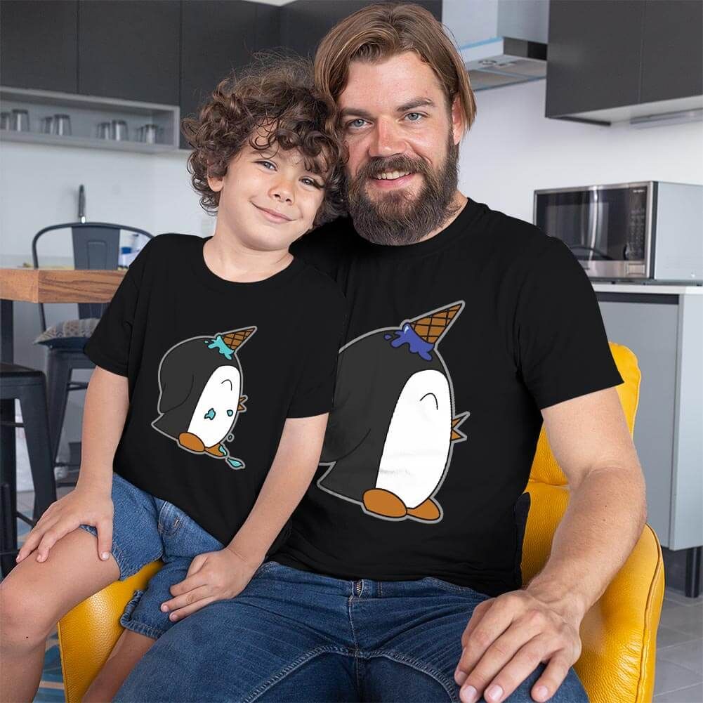 Penguen Baskılı Baba ve Erkek Çocuk Tişört Kombini