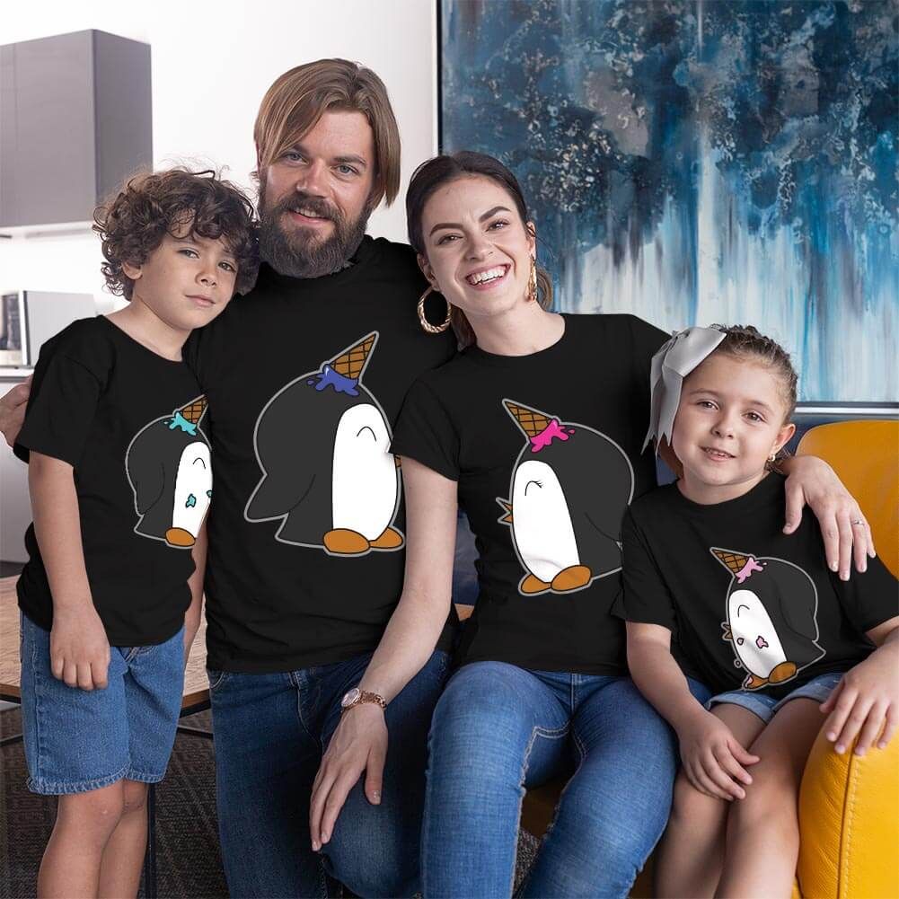 Penguen Baskılı Aile Tişört Kombini