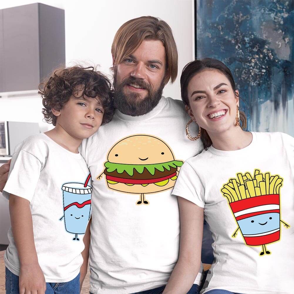 Fastfood Temalı Anne Baba ve Erkek Çocuk Tişört Kombini