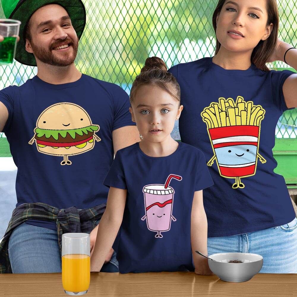 Fastfood Temalı Anne Baba ve Kız Çocuk Tişört Kombini