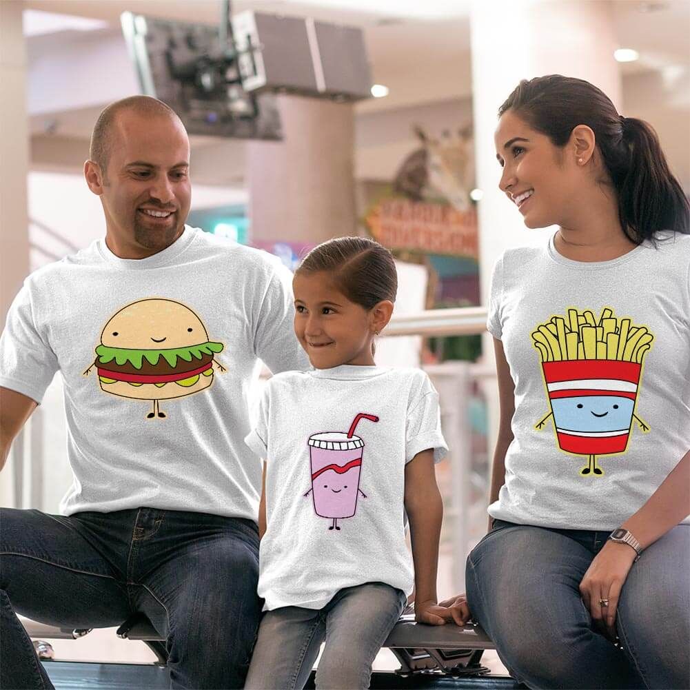 Fastfood Temalı Anne Baba ve Kız Çocuk Tişört Kombini (1)