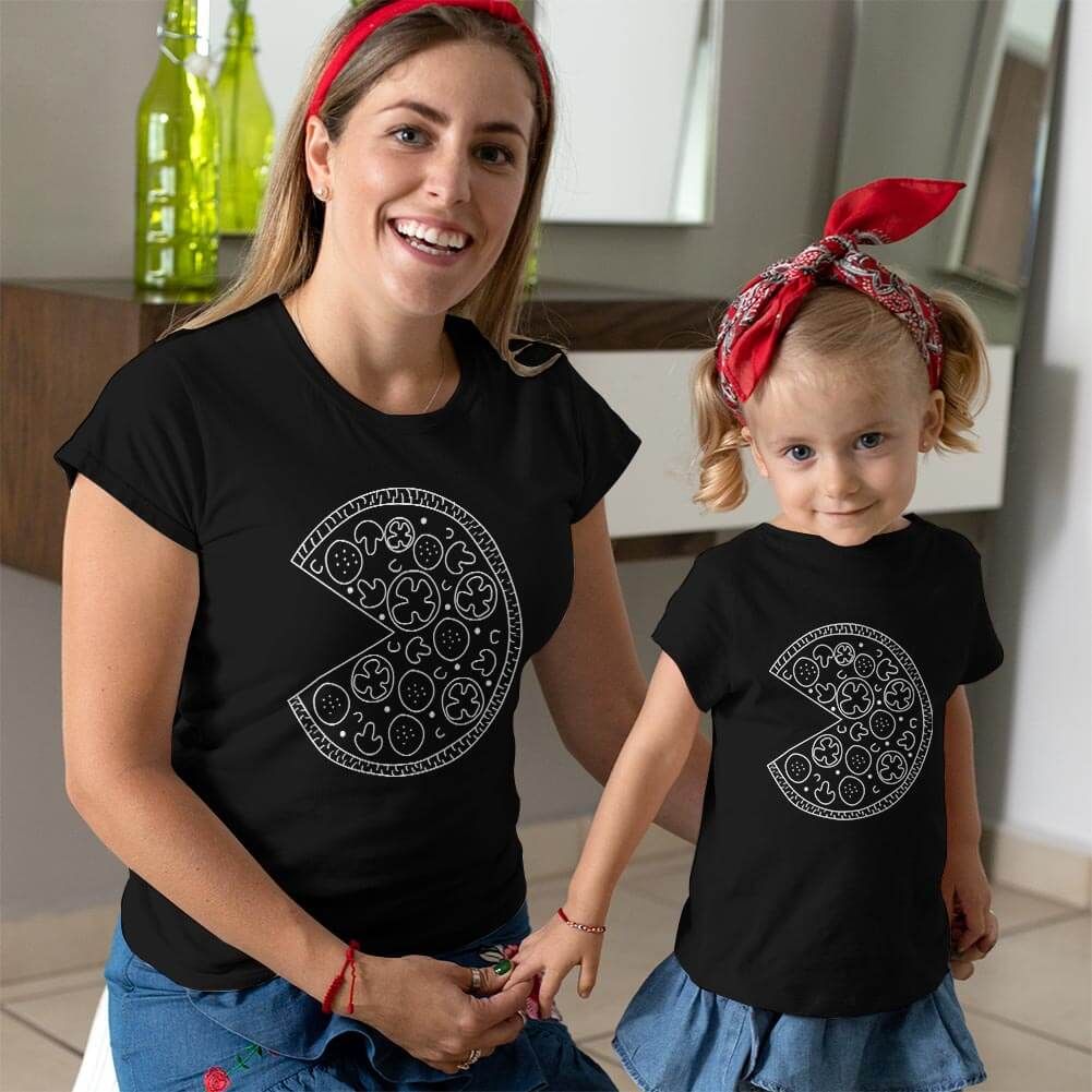 Pizza Tasarımlı Anne Kız Çocuk Tişört Kombini