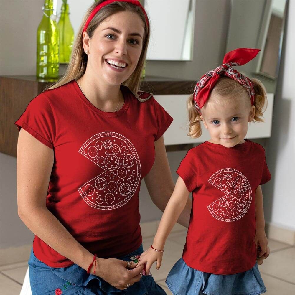 Pizza Tasarımlı Anne Kız Çocuk Tişört Kombini