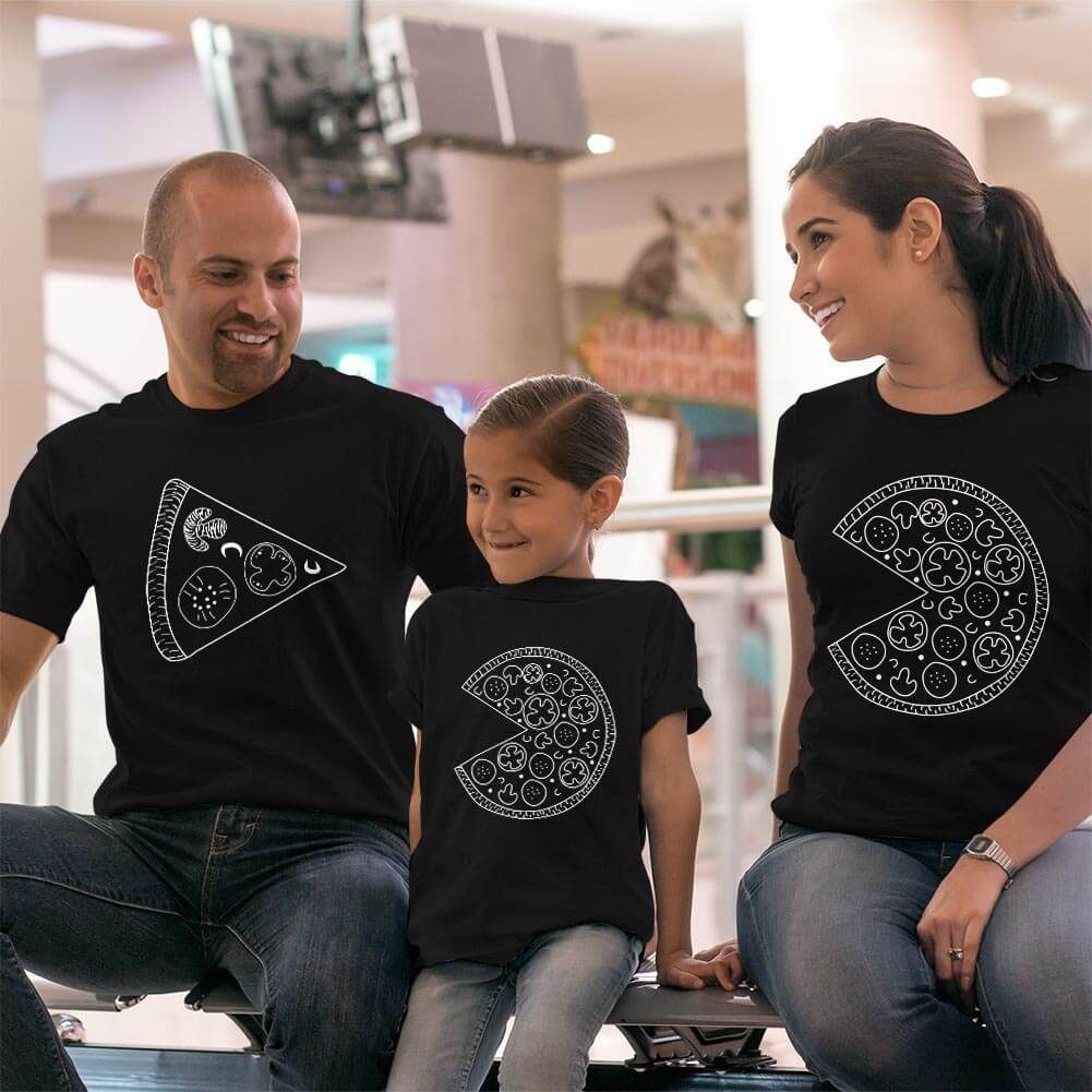 Pizza Tasarımlı Anne Baba Kız Çocuk Tişört Kombini