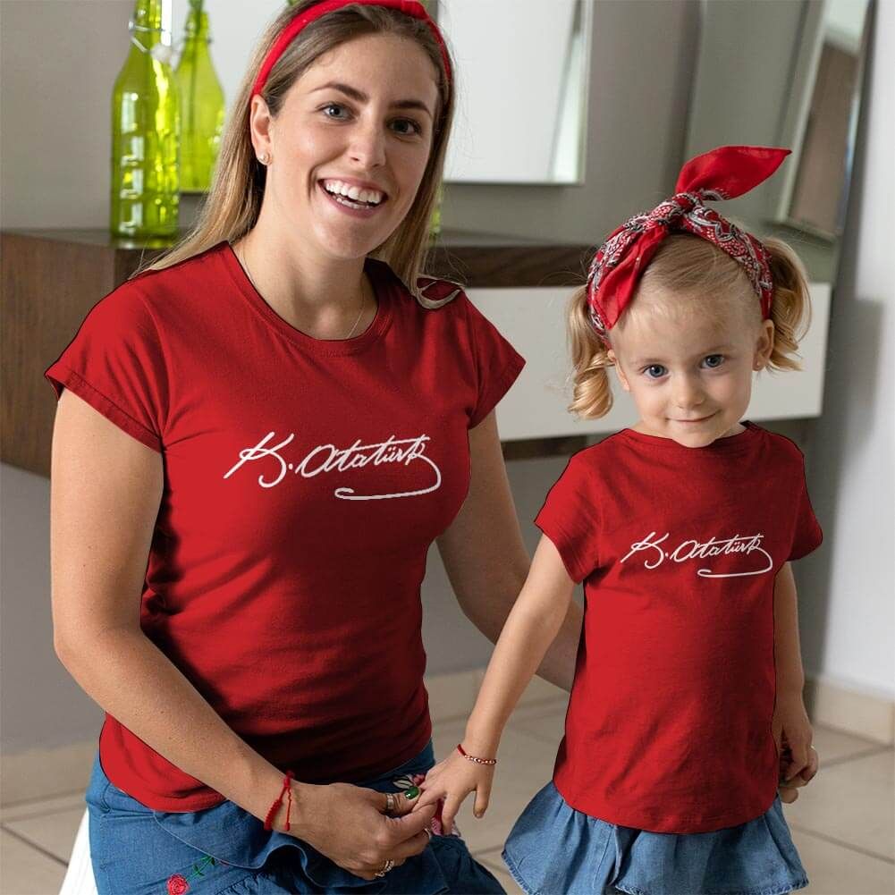 Mustafa Kemal Atatürk İmzalı Anne Kız Çocuk Tişört Kombini