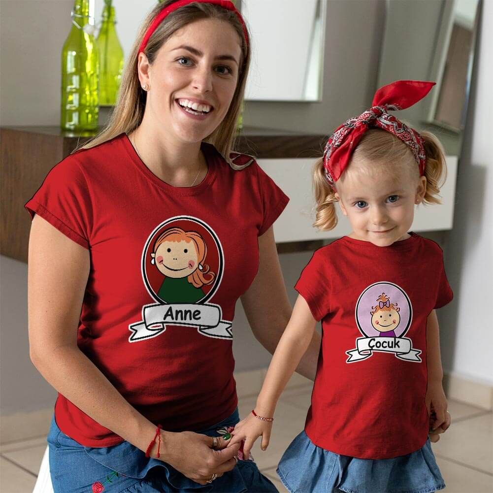 Anne Kız Çocuk Resimli Tişört Kombini