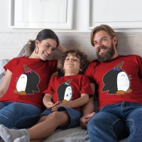 Penguen Baskılı Anne Baba ve Erkek Çocuk Tişört Kombini - 3