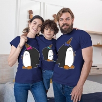 Penguen Baskılı Anne Baba ve Erkek Çocuk Tişört Kombini - 5