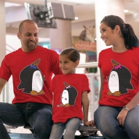 Penguen Baskılı Anne Baba ve Kız Çocuk Tişört Kombini - 3