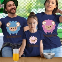 Kuzu Baskılı Anne Baba Kız Çocuk Tişört Kombini - 4