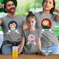 Anne Baba ve Kız Çocuk Resimli Tişört Kombini - 5