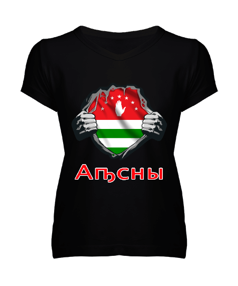 Tisho - Abhazya Bayrağı,Abhazya logosu. Kadın V Yaka Tişört