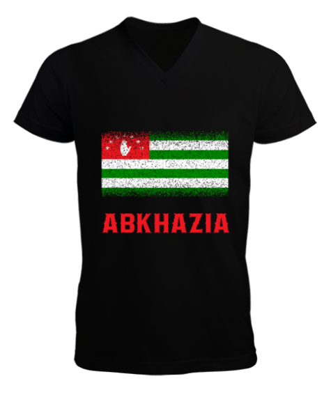 Tisho - Abhazya,Abhazya Bayrağı,abkhazia,abkhazia flag. Siyah Erkek Kısa Kol V Yaka Tişört