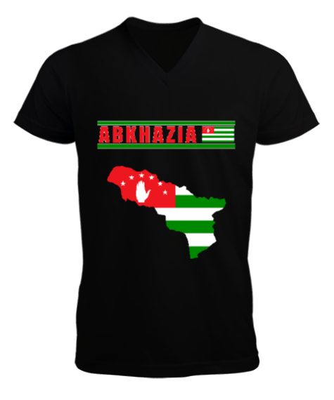 Tisho - Abhazya,Abhazya Bayrağı,abkhazia,abkhazia flag. Siyah Erkek Kısa Kol V Yaka Tişört